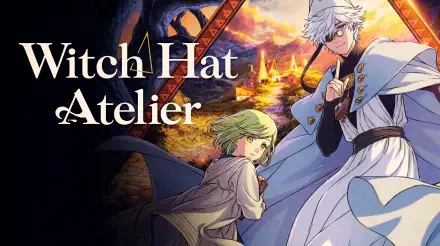 5K Ultra HD Witch Hat Atelier PC desktop wallpaper showing Coco and Qifrey in a fantasy anime sunset landscape with magical ruins and glowing spells.