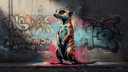 Painted meerkat against a graffiti wall — 4K Ultra HD PC desktop wallpaper.