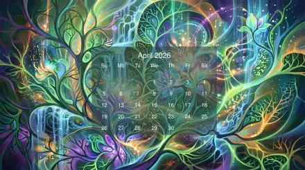 April 2026 calendar over vibrant psychedelic tree-of-life artwork — 5K Ultra HD PC desktop wallpaper and background with swirling neon leaves and glowing branches.
