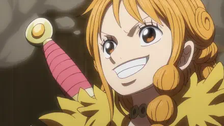 Anime HD PC desktop wallpaper of One Piece's Nami smiling confidently, close-up with braided orange hair and a pink‑hilted sword visible behind her.
