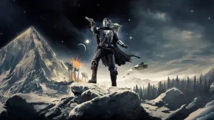 5K Ultra HD PC desktop wallpaper: The Mandalorian and Grogu on a snowy ridge, the armored Mandalorian aiming his blaster as starships streak and distant fires glow beneath a stormy sky.