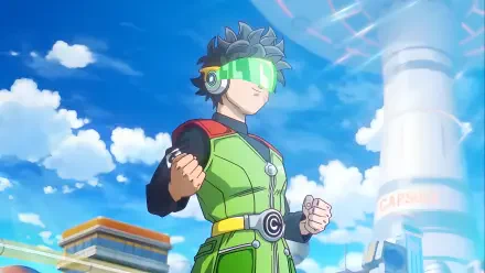 Dragon Ball Xenoverse 3 hero in green battle suit and glowing visor, fists clenched beneath a bright blue sky — 4K Ultra HD PC desktop wallpaper/background.