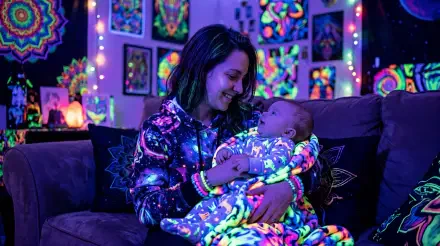Mother and baby on a couch, mother cradling infant amid neon blacklight psychedelic art and fairy lights; vivid glowing colors. 5K Ultra HD PC desktop wallpaper and background.