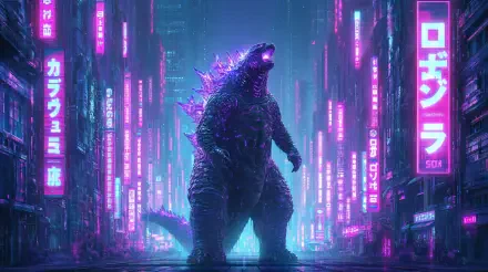 Towering Godzilla amid a rain-soaked cyberpunk city, neon signs and kanji blazing on skyscrapers — 2K Quad HD PC desktop wallpaper background.