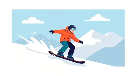 Snowboarder carving down a snowy mountain with spray, clear blue sky and distant peaks — 4K Ultra HD PC Desktop Wallpaper and Background.