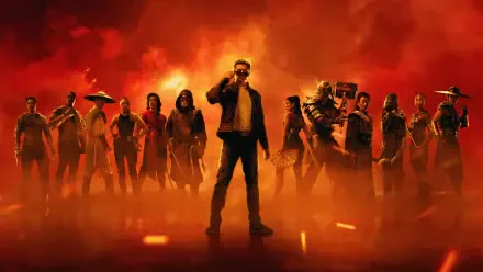 5K Ultra HD PC desktop wallpaper of Mortal Kombat 2 (2026) movie characters standing across a fiery red-orange battlefield, a lone central figure posed at the forefront.