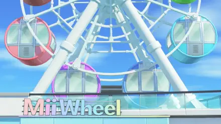 Tomodachi Life, Tomodachi Life: Living the Dream HD PC desktop wallpaper depicting a pastel Ferris wheel labeled MiiWheel against a bright blue sky — whimsical game background.