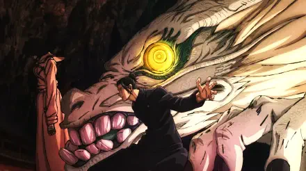 Jujutsu Kaisen 5K Ultra HD PC wallpaper: Suguru Geto faces a monstrous cursed spirit/shinigami with a glowing yellow eye in a dramatic anime background.
