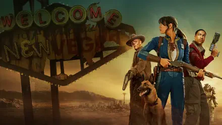 Fallout (TV Show) 4K Ultra HD PC desktop wallpaper showing three wasteland survivors and a dog standing before a ruined WELCOME sign at dusk in a dusty, post-apocalyptic landscape.