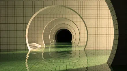 Poolcore liminal scene of white-tiled arched pool tunnel, green water reflections and eerie atmosphere — 5K Ultra HD PC desktop wallpaper.