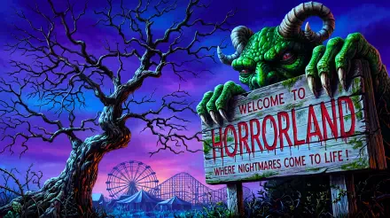 5K Ultra HD desktop wallpaper: Goosebumps horror aesthetic inspired by R.L. Stine's kids novel Welcome to Horrorland — green horned monster clutching the park sign beneath a twisted tree and ferris wheel.