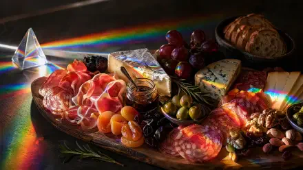 4K Ultra HD PC desktop wallpaper and background: a vibrant charcuterie board with cured meats, cheeses, olives, apricots, grapes, nuts and bread on a wooden board lit by prism rainbow light.