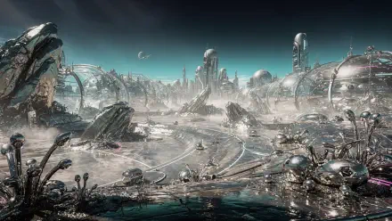 Futuristic alien landscape 4K Ultra HD PC wallpaper background: metallic domes, crystalline rocks, reflective pools, winding paths under a teal sky with distant spires and moons.