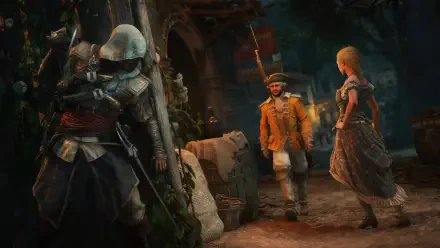4K Ultra HD PC desktop wallpaper for Assassin's Creed Black Flag Resynced: hooded assassin concealed in foliage watches colonial-era figures by torchlight at a tropical night port.