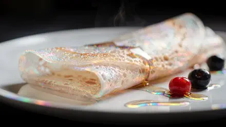 4K Ultra HD PC desktop wallpaper of a delicate crêpe folded on a white plate, glistening with syrup and two berries, steam rising against a soft blurred background.