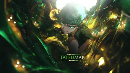 Tatsumaki surrounded by swirling green psychic energy, intense gaze and dramatic lighting — 4K Ultra HD PC desktop wallpaper/background.