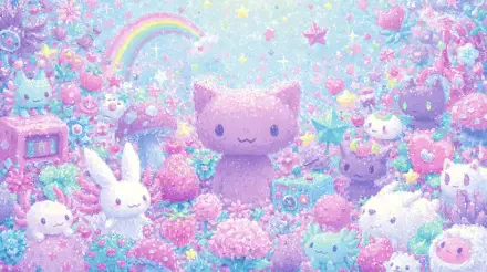 Dreamy cutecore pastel aesthetic cozycore scene: plush purple cat among smiling bunnies, stars, rainbows and flowers — whimsical 2K Quad HD PC desktop wallpaper background.