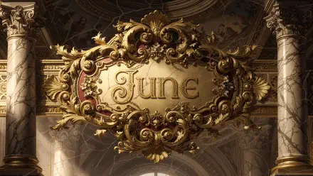 Ornate baroque gold plaque engraved with June amid marble columns and gilded scrollwork — 4K Ultra HD PC desktop wallpaper and background.