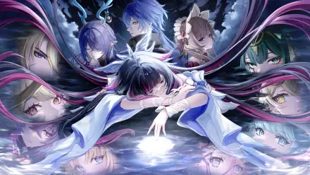 4K Ultra HD PC wallpaper of Genshin Impact: Varka, Columbina, Nefer and Flins encircle a central figure reaching toward a glowing pool beneath a stormy, moonlit sky.