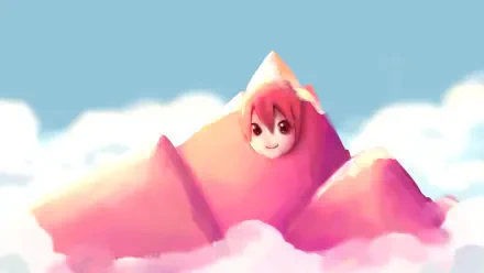 HD PC desktop wallpaper of Kasane Teto (Utau) depicted as a pink mountain with her face peeking from snowy peaks above fluffy clouds beneath a clear blue sky.