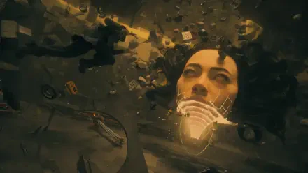 Surreal scene from the video game Control: Resonant — a giant fragmented face floating among drifting debris and glowing circuitry, 4K Ultra HD PC desktop wallpaper
