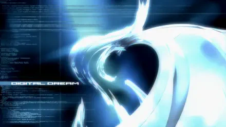 Y2K metalheart abstract HD PC desktop wallpaper: glowing metallic heart spiral in blue-white light with streaming code and DIGITAL DREAM text.