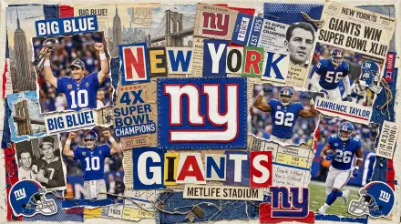5K Ultra HD PC desktop wallpaper and background: collage of New York Giants logos, blue-uniformed players, MetLife Stadium and championship headlines.