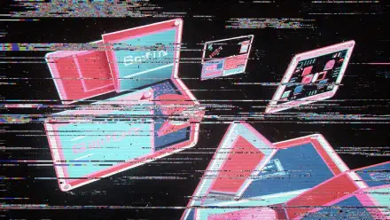 Glitchcore 4K Ultra HD PC desktop wallpaper/background: floating glitching laptops and screens in pink, cyan and black with scanline distortion.
