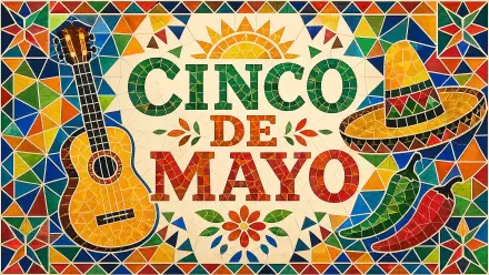 4K Ultra HD PC desktop wallpaper/background: vibrant mosaic Cinco de Mayo design with guitar, sombrero, chilies, sun and colorful geometric tiles.