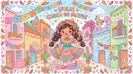 Colorful Cinco de Mayo 5K Ultra HD PC desktop wallpaper and background: cheerful girl in traditional dress dancing in a festive pastel street with papel picado, sombreros, cacti and confetti.