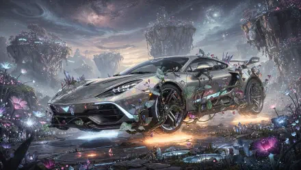 Futuristic damaged hypercar hovering in a neon bioluminescent alien landscape with floating rock pillars and cosmic sky — 4K Ultra HD PC Desktop Wallpaper and Background