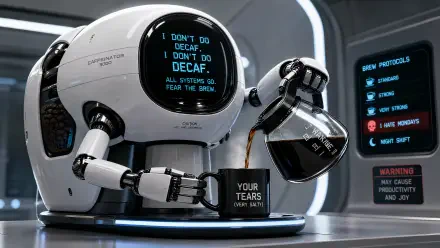 4K Ultra HD PC Desktop Wallpaper and Background: glossy white robot pours dark coffee into a mug labeled YOUR TEARS; its screen blares DON'T DO DECAF in a sleek sci‑fi lab.