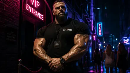 4K Ultra HD PC desktop wallpaper and background of a muscular bodyguard in a Security shirt guarding a neon-lit VIP club entrance, arms crossed, silhouetted patrons behind him.