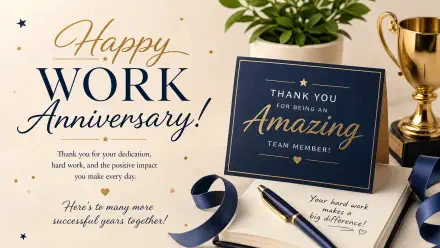 4K Ultra HD PC desktop wallpaper/background: elegant work anniversary scene with Happy Work Anniversary headline, thank-you card reading Thank you for being an Amazing team member, trophy, ribbon, pen, plant.