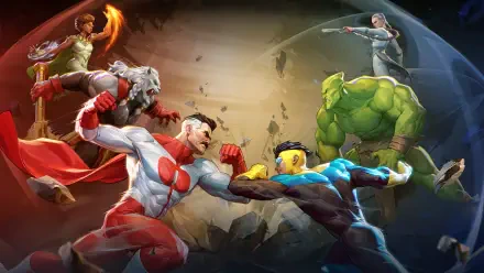 HD PC desktop wallpaper background for the video game Invincible VS: two central heroes clash mid-punch while four superpowered fighters circle in a shattered arena.