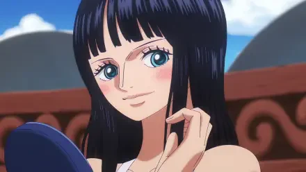HD PC desktop wallpaper of Nico Robin (One Piece): anime close-up portrait with a soft smile, long dark hair and blue eyes, ship deck and bright sky in the background.