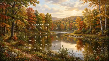 September 2026 calendar on a 5K Ultra HD PC desktop wallpaper and background: autumn lake with colorful trees, reflections, rolling hills and a golden sky.