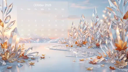 October 2026 calendar 5K Ultra HD PC desktop wallpaper background depicting a crystalline autumn landscape with golden leaves floating on a glassy icy lake.