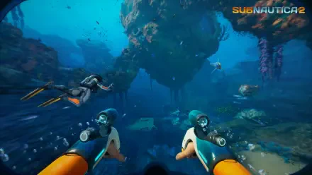 First-person underwater view from Subnautica 2: gloved hands wielding propulsion tools, fellow diver and marine life amid towering floating kelp islands — 4K Ultra HD PC desktop wallpaper/background.