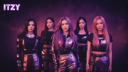 4K Ultra HD PC desktop wallpaper of five women in metallic outfits under purple lighting, posing confidently with a bold logo in the top-left corner.