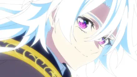 HD anime desktop wallpaper: close-up of Will Serfort from Wistoria: Wand and Sword — white hair, glowing pink-violet eyes, gentle smile and ornate gold-trimmed collar.