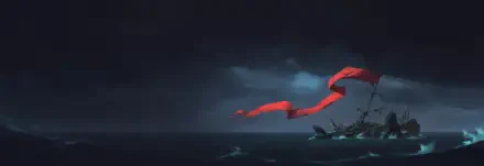 Windrose video game 2K Quad HD PC wallpaper: dark ocean under a stormy sky, wrecked ship at right and a red ribbon-like sail sweeping across the scene.