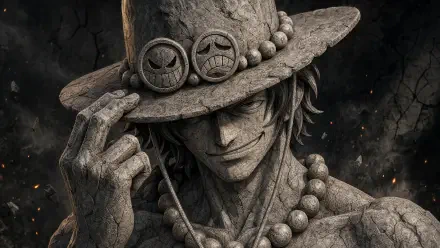 Grayscale stone-textured portrait of Portgas D. Ace tipping his signature hat, beads around his neck — 4K Ultra HD PC desktop wallpaper background.