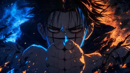 4K Ultra HD PC desktop wallpaper of Choso (Jujutsu Kaisen): close-up, hands joined, glowing blue and orange flames, red eyes and ink-like facial markings, intense stare.
