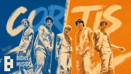 Cortis 4K Ultra HD PC desktop wallpaper: split blue-orange background with grungy brushstroke CORTIS text, five casually dressed figures posing and a BigHit Music logo.