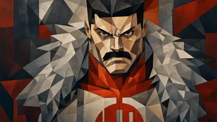 Geometric 4K Ultra HD PC desktop wallpaper of Thragg (Invincible): stern, mustached alien warlord in red armor with fur-trimmed cloak against an angular dark background