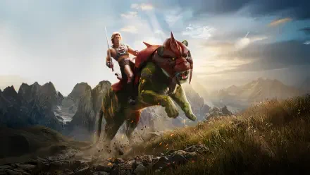 Masters of the Universe (2026) 5K Ultra HD PC desktop wallpaper and background: He-Man riding Battle Cat, sword raised, leaping across rugged mountain plains at sunrise.