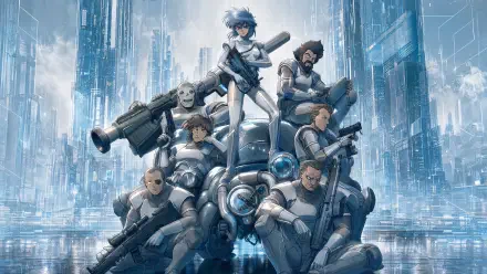 The Ghost In The Shell (2026) 4K Ultra HD PC desktop wallpaper and background: a cybernetic special-ops team clustered around a bulky mech against a mirrored neon-blue futuristic cityscape.