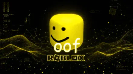 4K Ultra HD PC desktop wallpaper and background: glowing yellow Roblox head with oof text over neon waveform grid and scattered digital particles.
