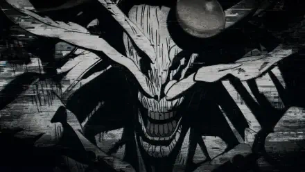 4K Ultra HD PC desktop wallpaper of Mahoraga (Jujutsu Kaisen): a monstrous, grinning horned visage emerging from dark, ink-splattered, high-contrast textures.
